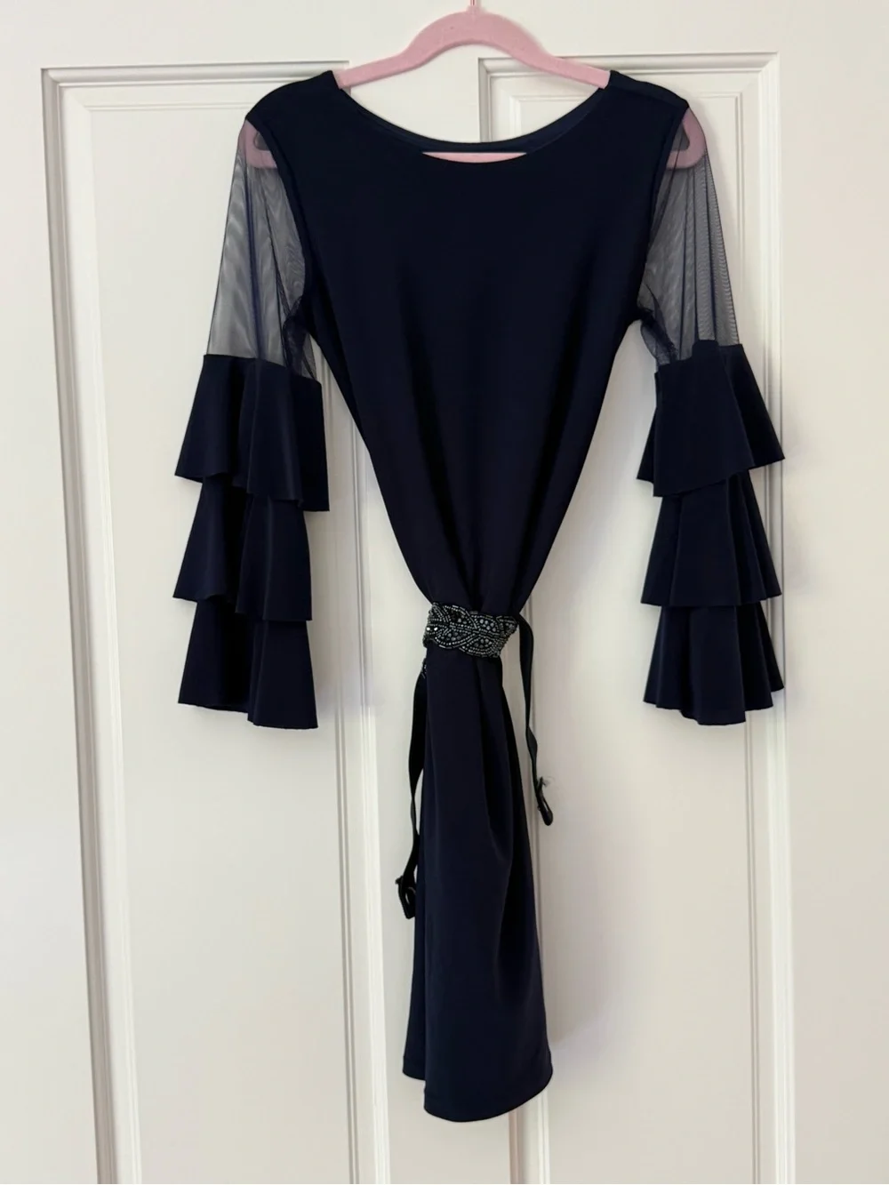 Girls size 12 Un Deux Trois Navy Blue Ruffle Mesh Sleeve Formal Dress